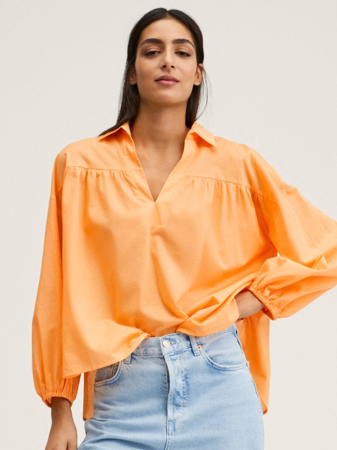 

MANGO Women Orange Pure Cotton Solid Top