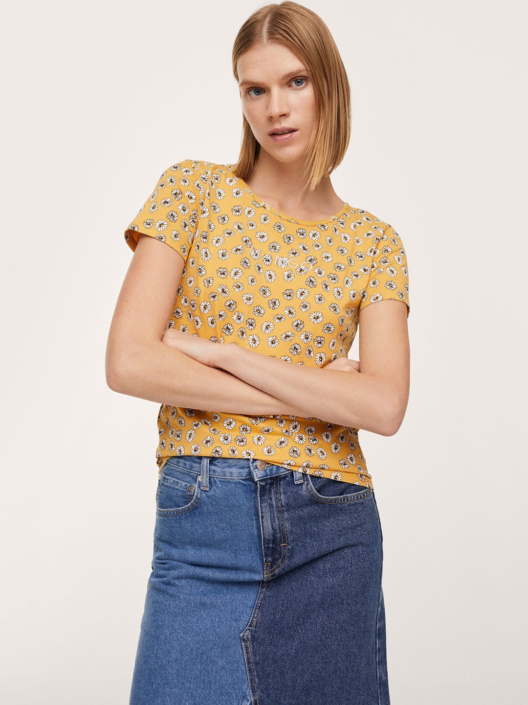 

MANGO Women Yellow & White Floral Printed T-shirt