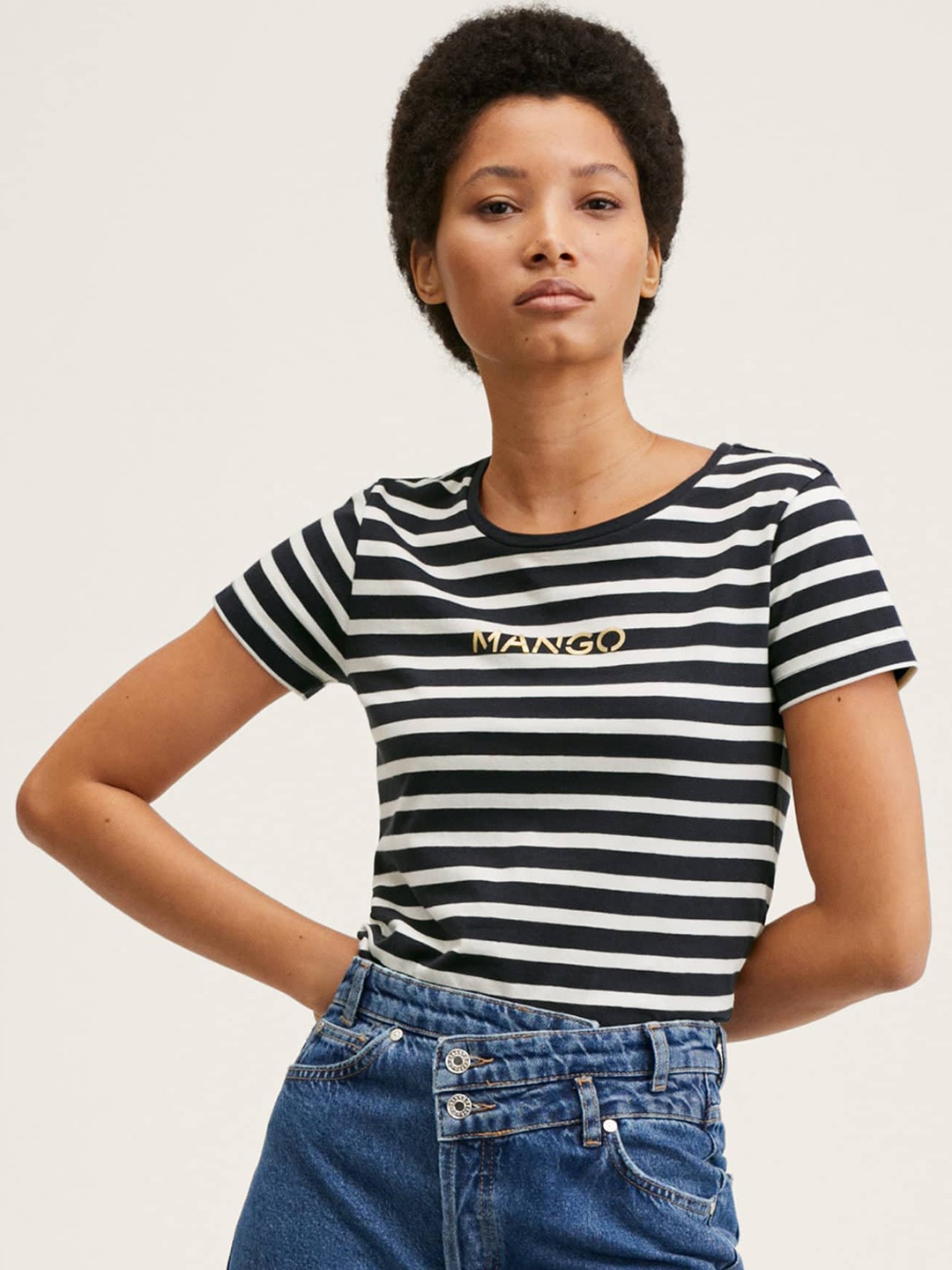 

MANGO Women Navy Blue & White Striped Pure Cotton T-shirt