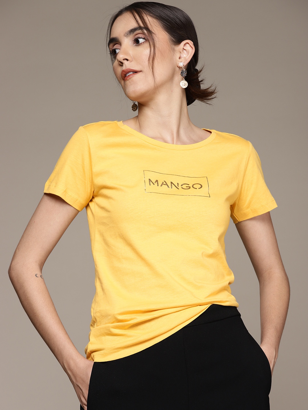 

MANGO Women Yellow Brand Logo Printed Cotton T-shirt