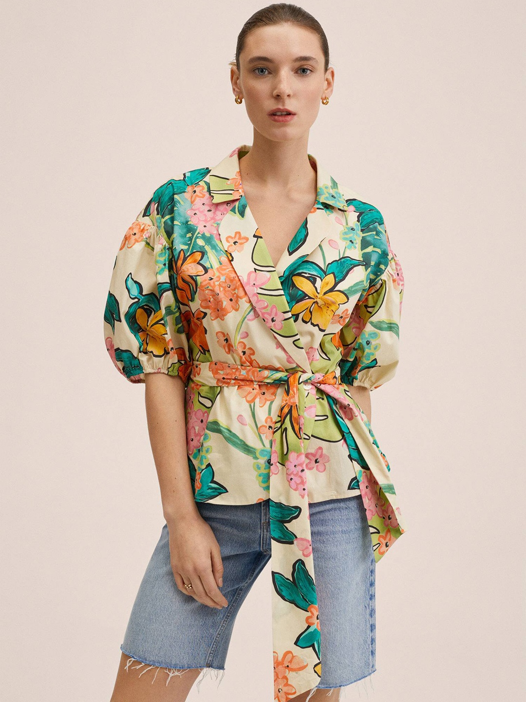 

MANGO Women Off White & Green Floral Print Pure Cotton Wrap Top with Belt