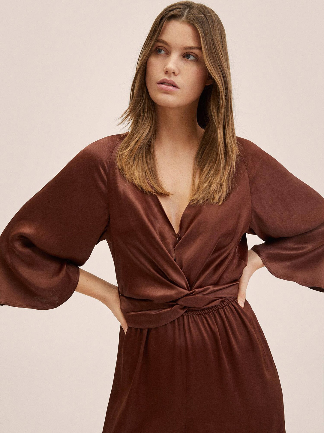 

MANGO Women Brown Basic Waist Tie-Up Jumpsuit