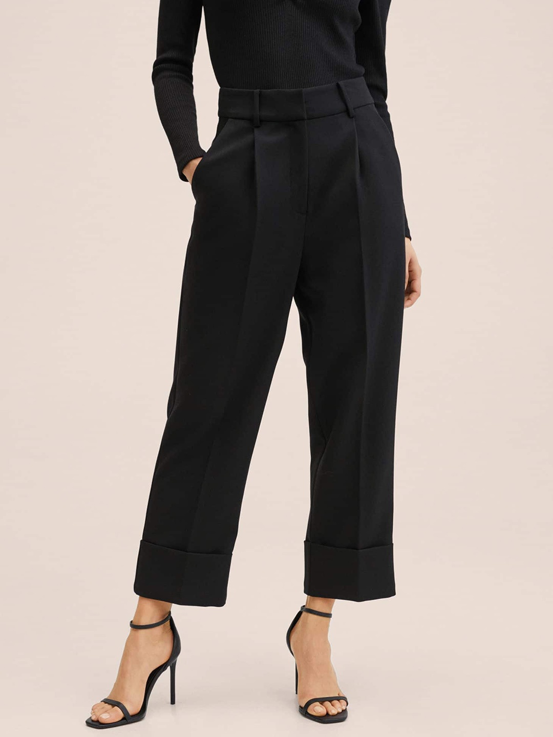 

MANGO Women Black Solid Pleated Trousers