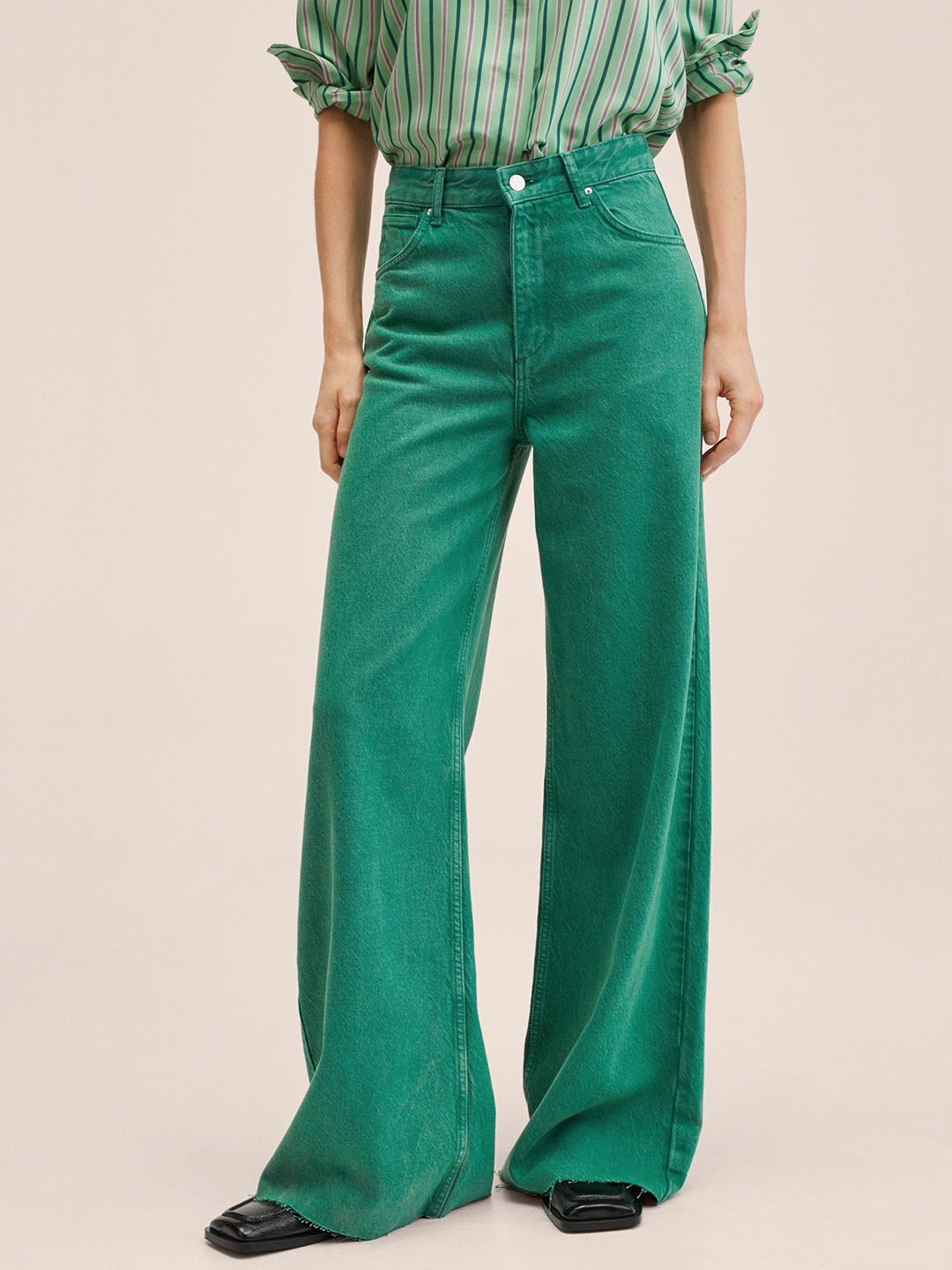 

MANGO Women Green Wide Leg High-Rise Jeans