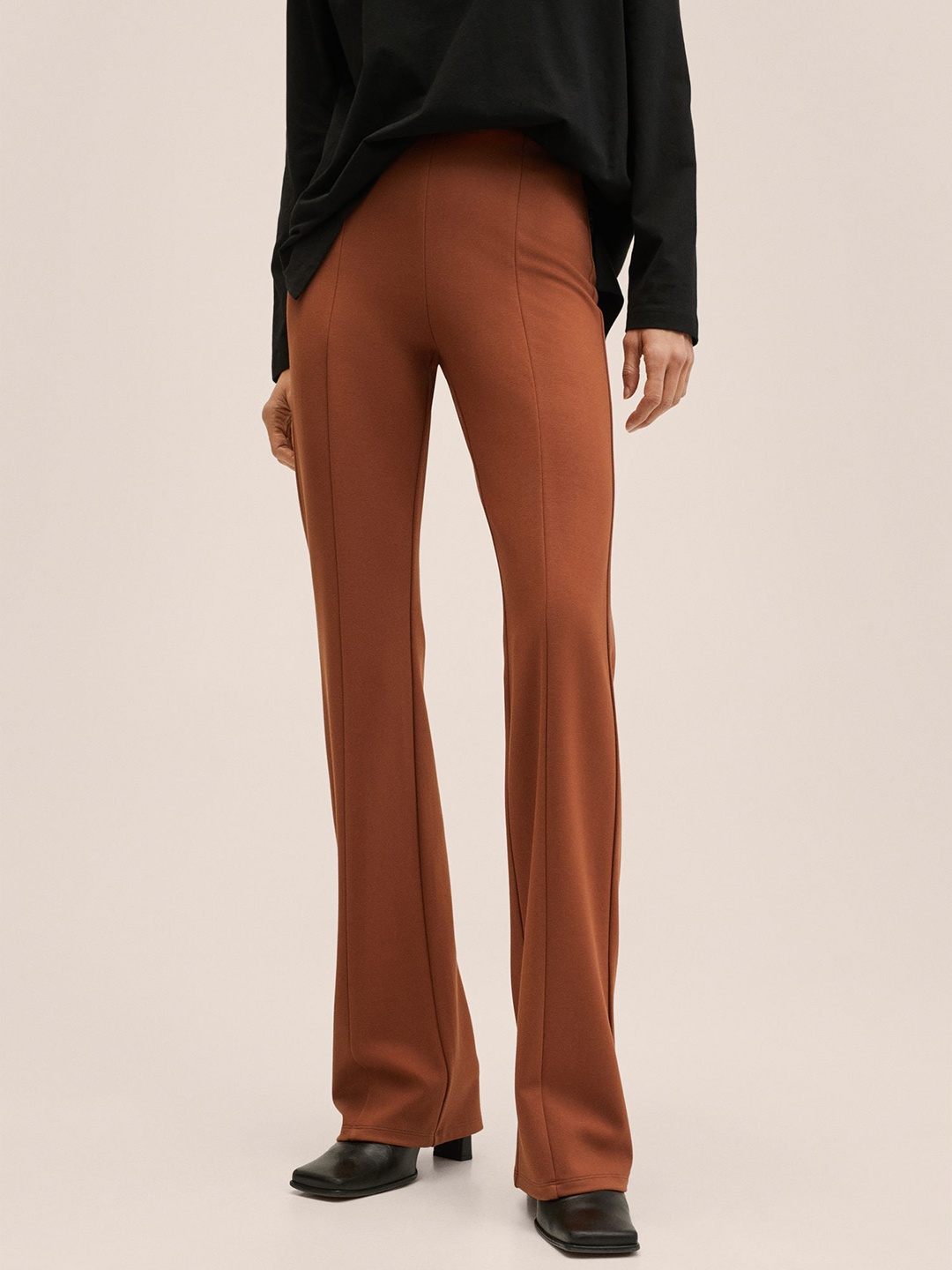 

MANGO Women Rust Orange Solid Flared High-Rise Trousers
