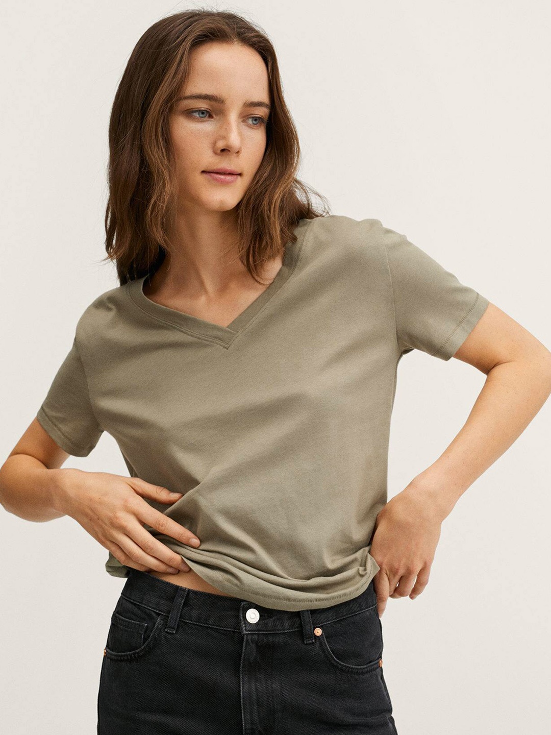 

MANGO Women Olive Green V-Neck Pure Cotton T-shirt