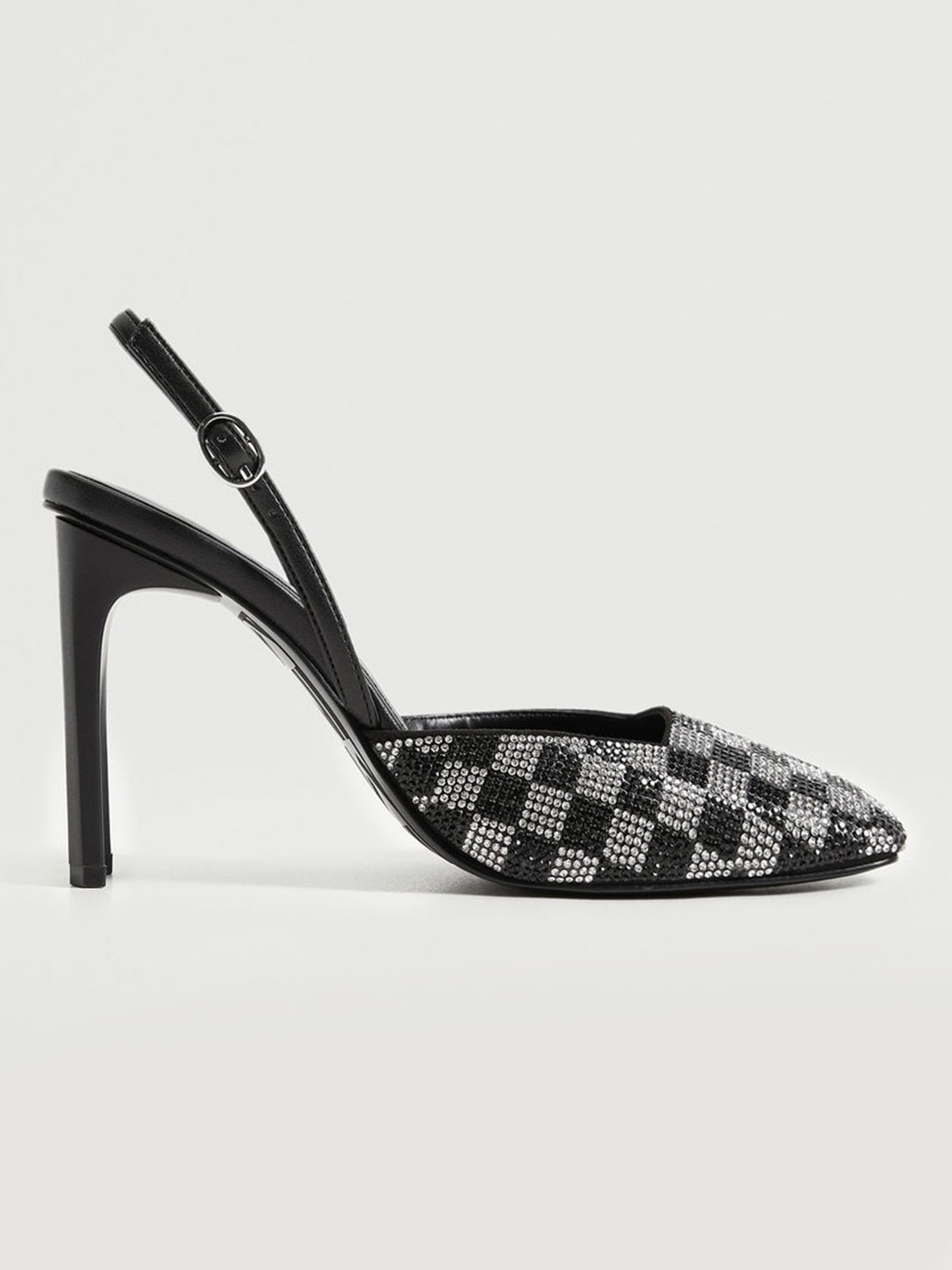 

MANGO Women Black & Silver-Toned Stone Embellished Party Block Mules