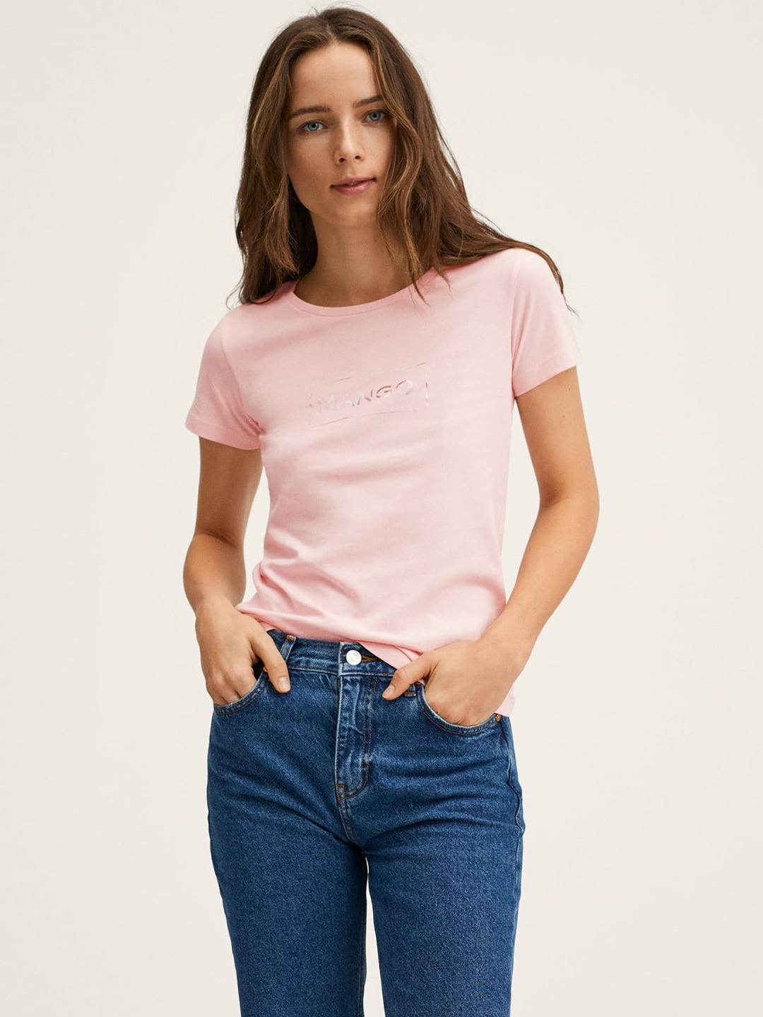 

MANGO Women Pink Brand Logo Pure Cotton T-shirt