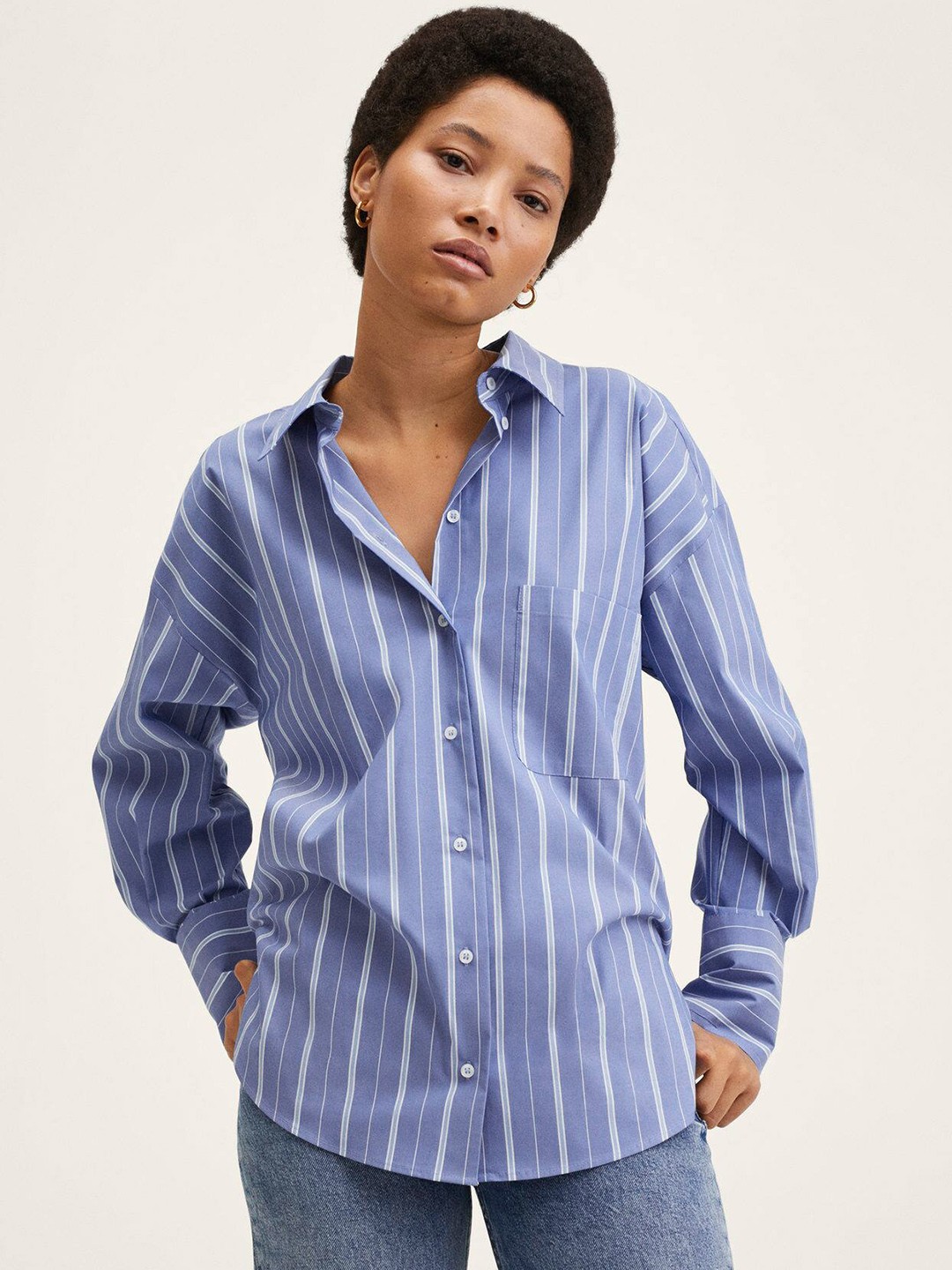 

MANGO Women Blue & White Striped Casual Oversized Shirt