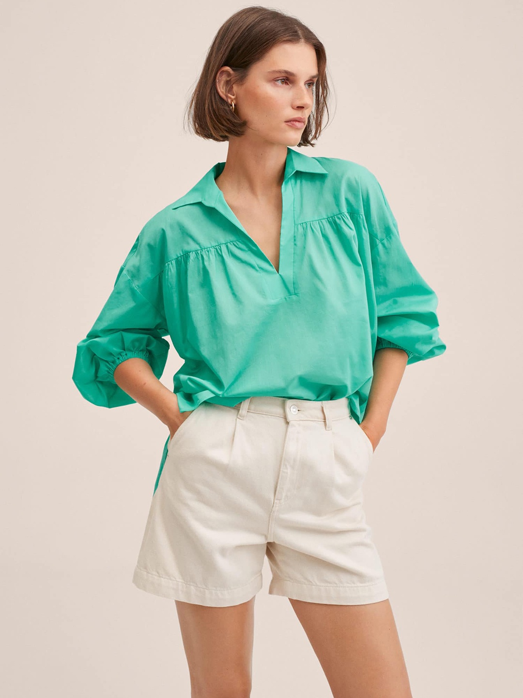 

MANGO Women Sea Green Solid Pure Cotton Top