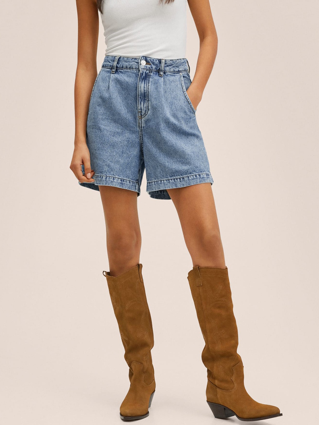 

MANGO Women Pure Cotton Denim Shorts, Blue