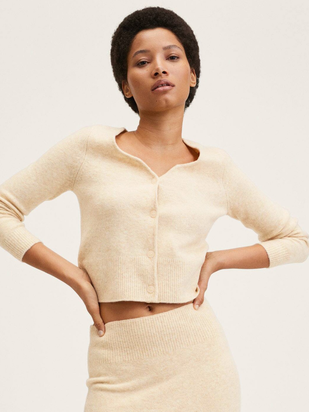 

MANGO Women Cream-Coloured Crop Cardigan