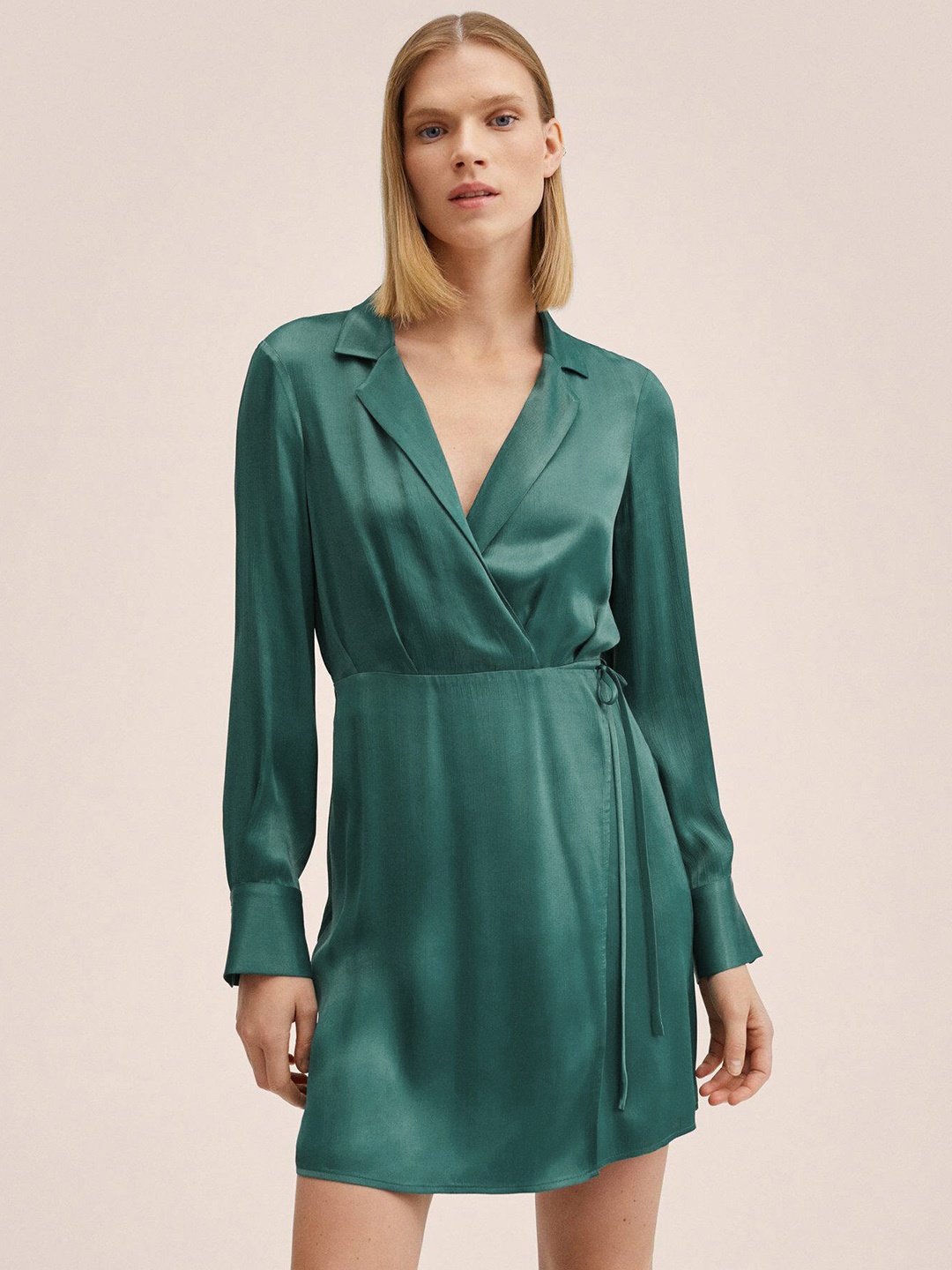 

MANGO Women Green Solid Wrap Mini Dress