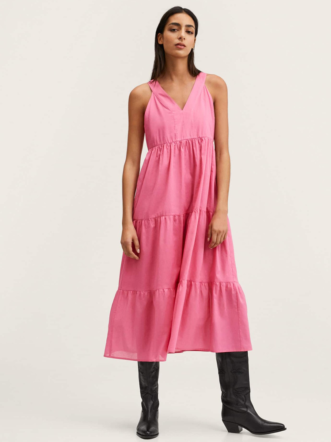 

MANGO Women Pink Solid Tiered Pure Cotton A-Line Midi Dress