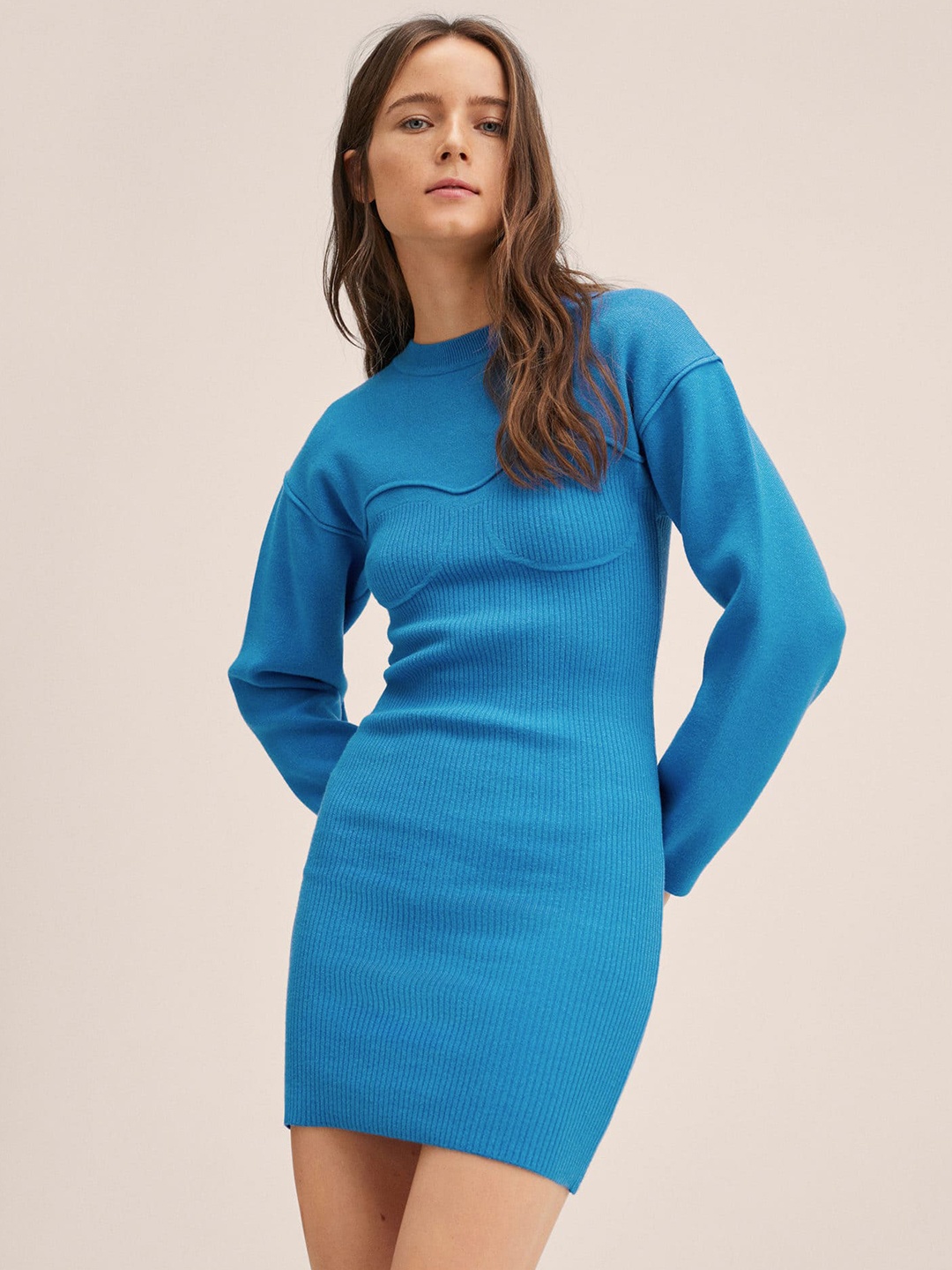 

MANGO Blue Ribbed Bodycon Mini Dress