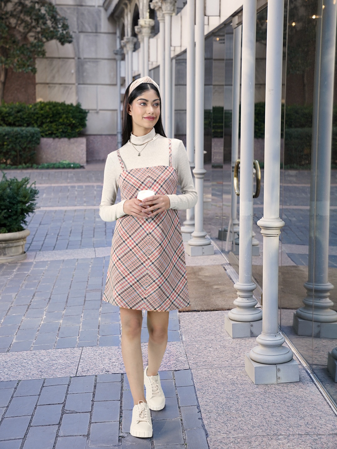 

MANGO Women Beige & Black Checked A-Line Mini Dress
