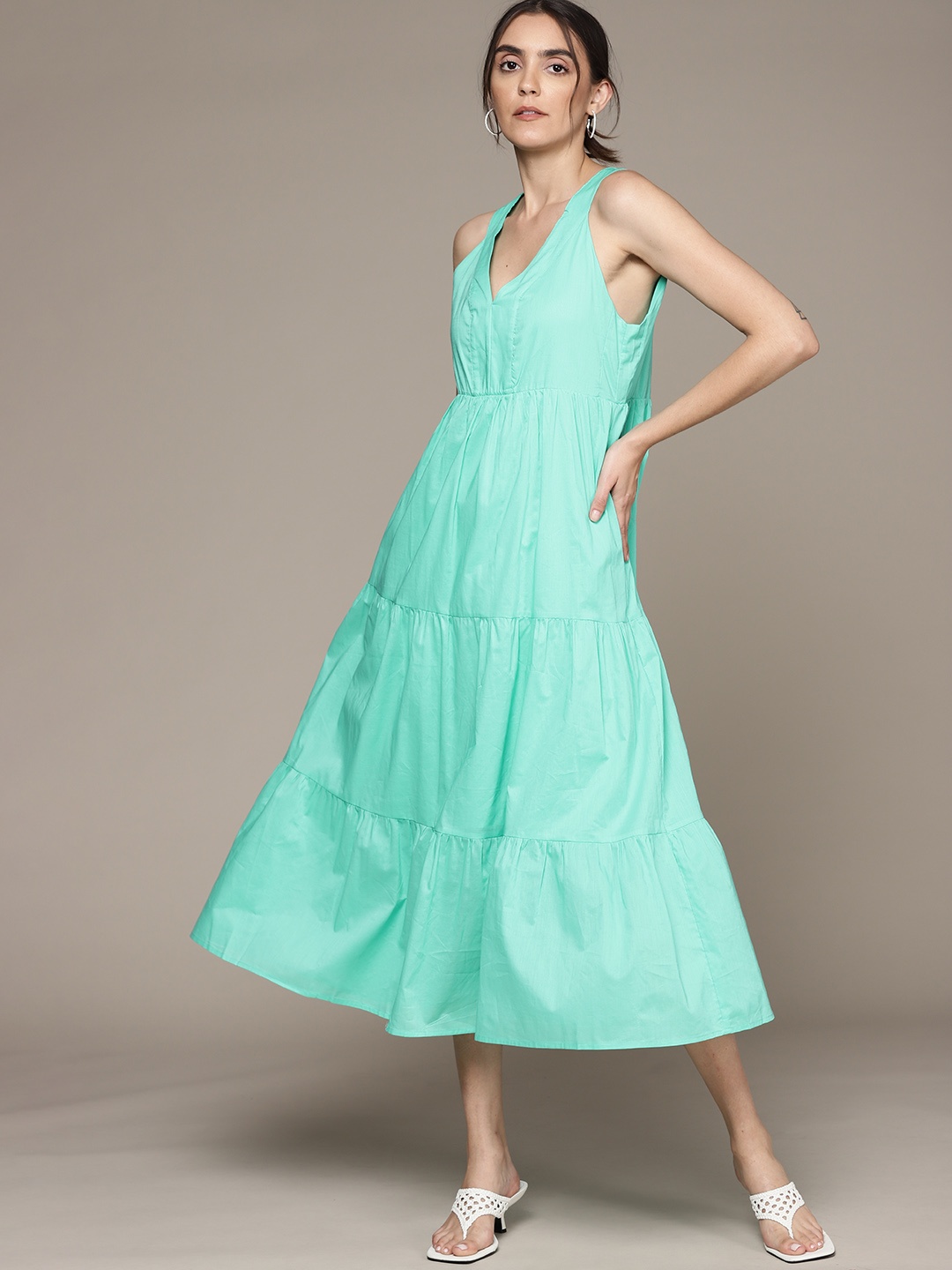 

MANGO Green Solid Cotton A-Line Midi Dress