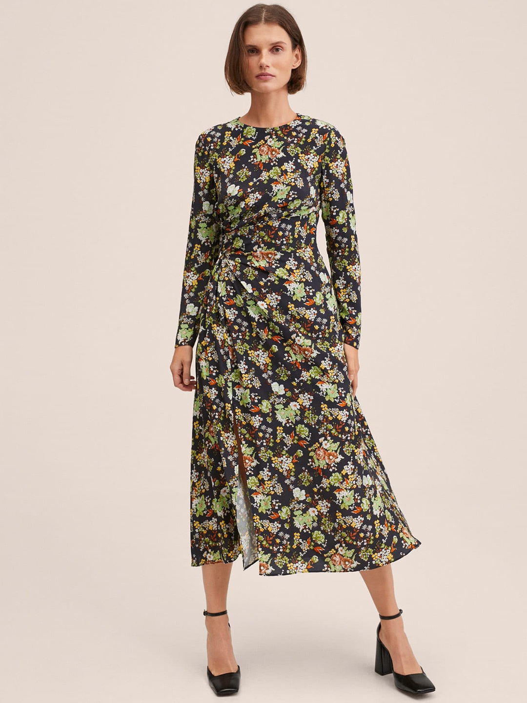 

MANGO Women Black & Green Floral Printed Cut-Outs Ruched Slit A-Line Midi Dress