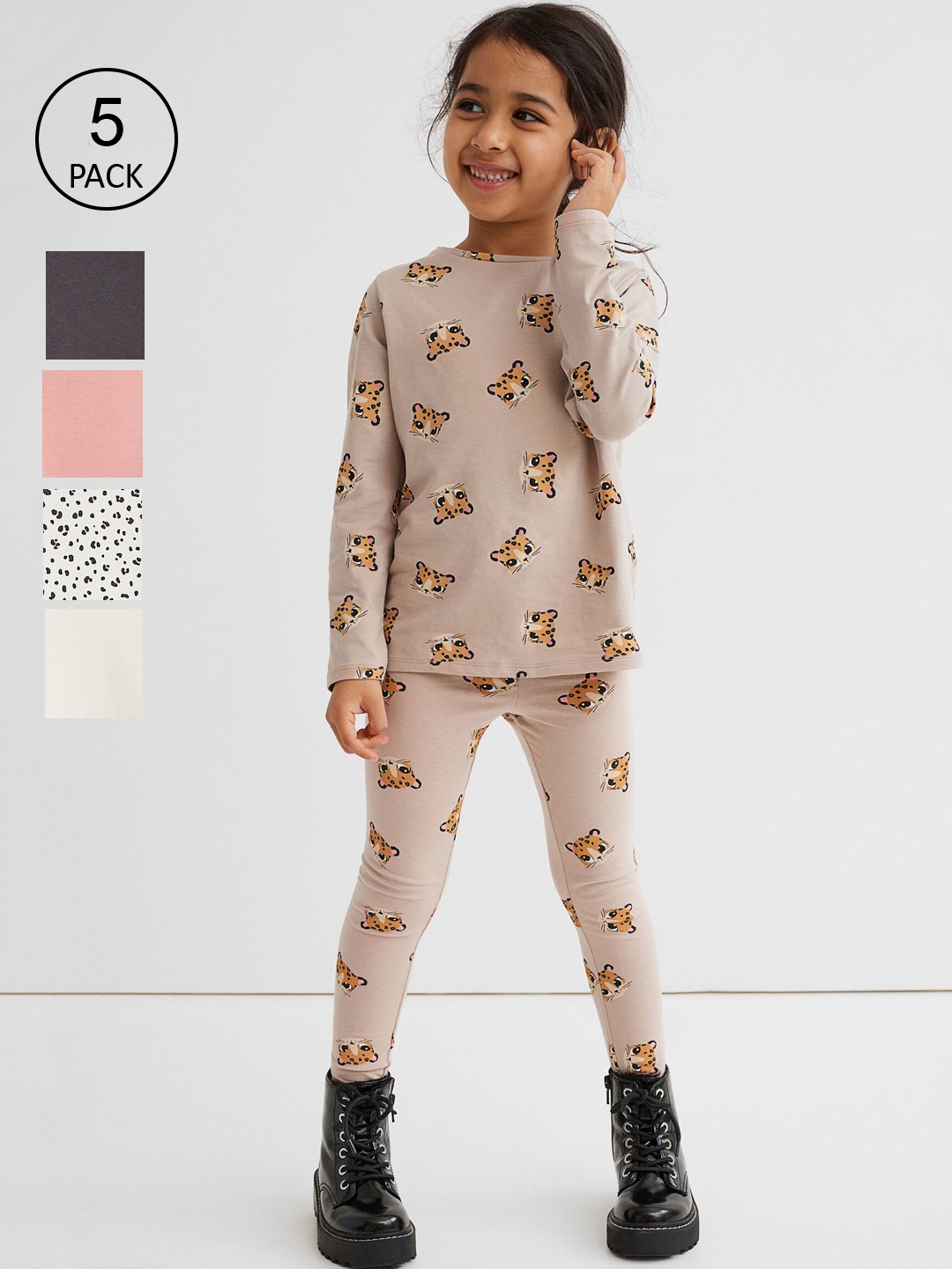 

H&M Girls 5-Pack Cotton Leggings, Grey