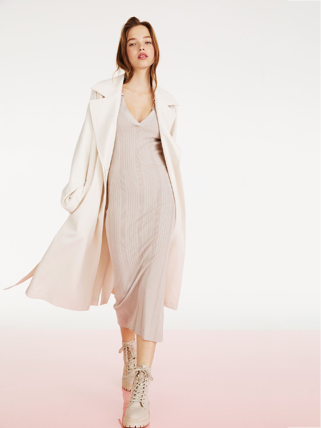 

H&M Women Beige Solid Rib-Knit V-Neck Bodycon Dress