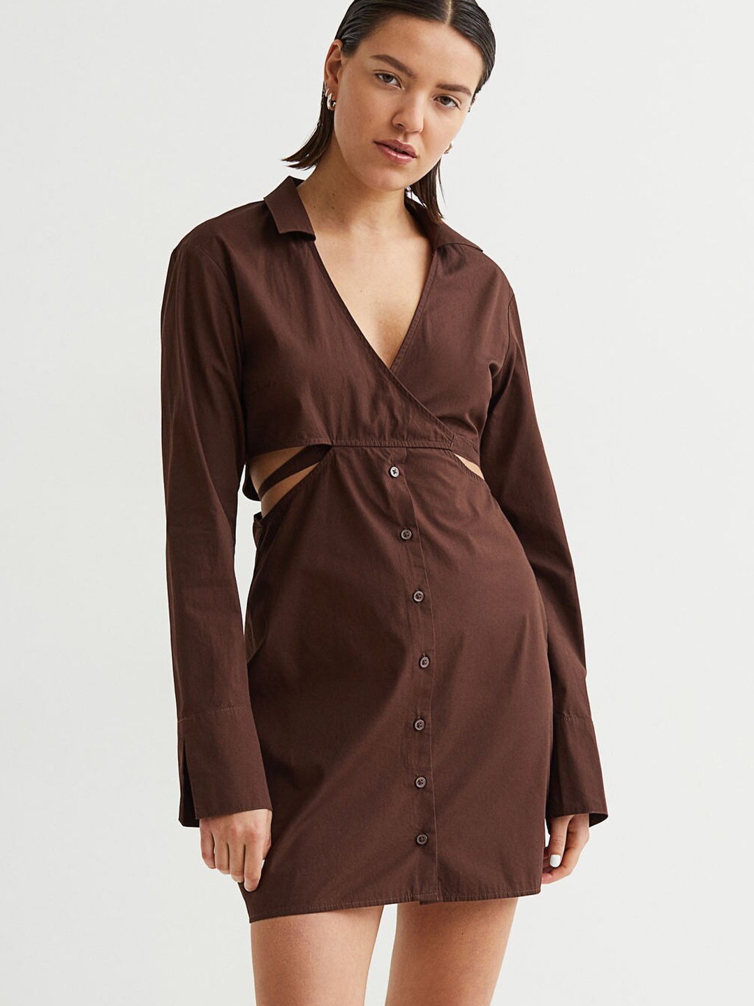 

H&M Women Brown Solid Cotton Wrap Poplin Dress