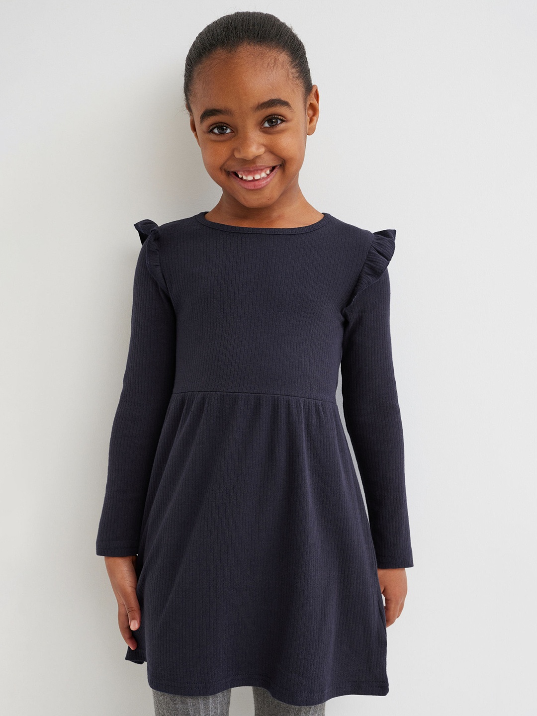 

H&M Girls Navy Blue Solid Ribbed Jersey Dress