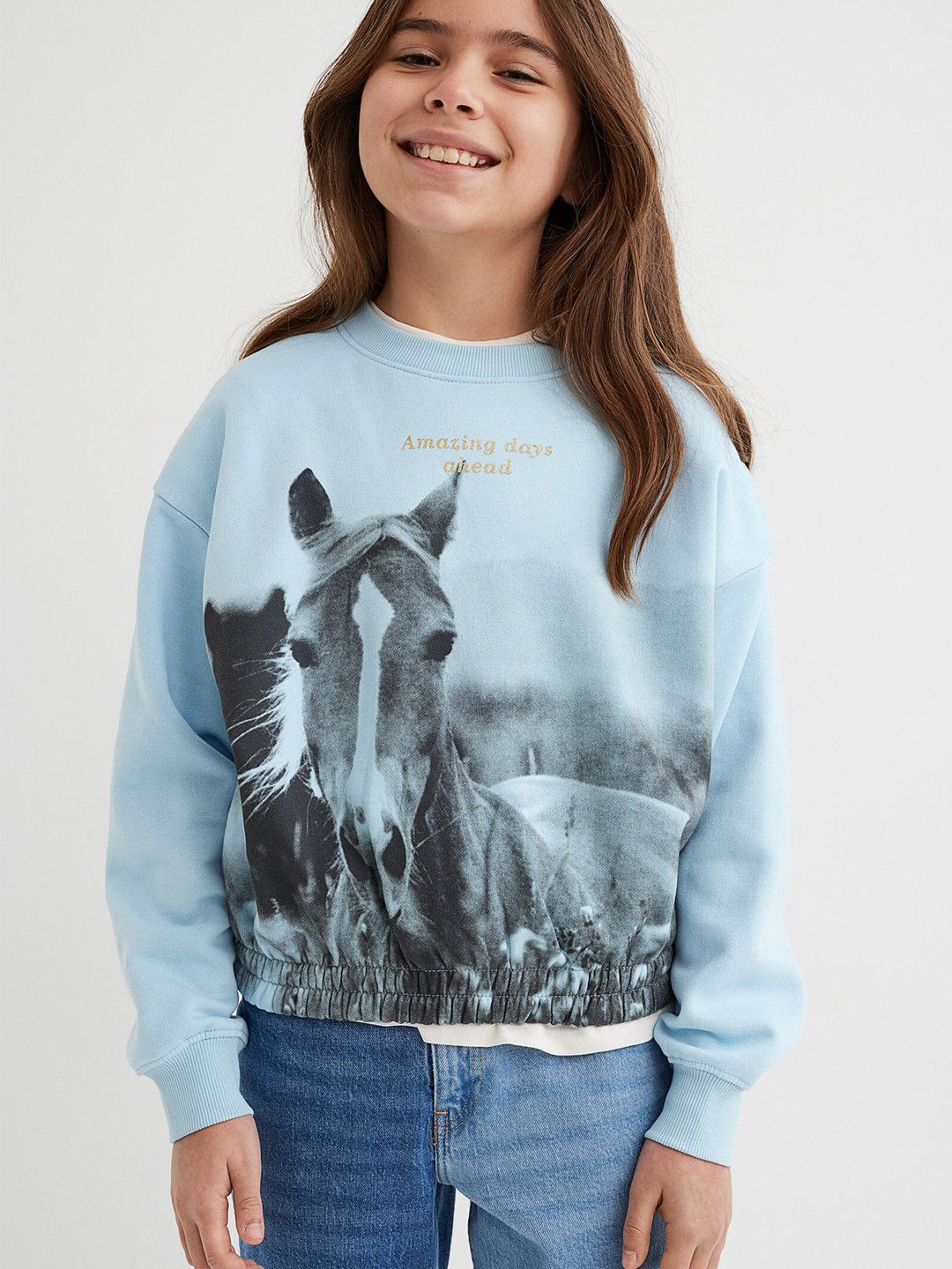 

H&M Girls Blue & Black Printed Boxy Sweatshirt