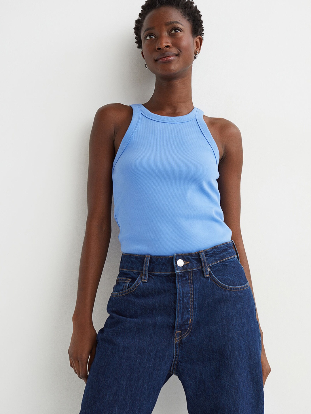 

H&M Women Blue Round Neck Ribbed Vest Top
