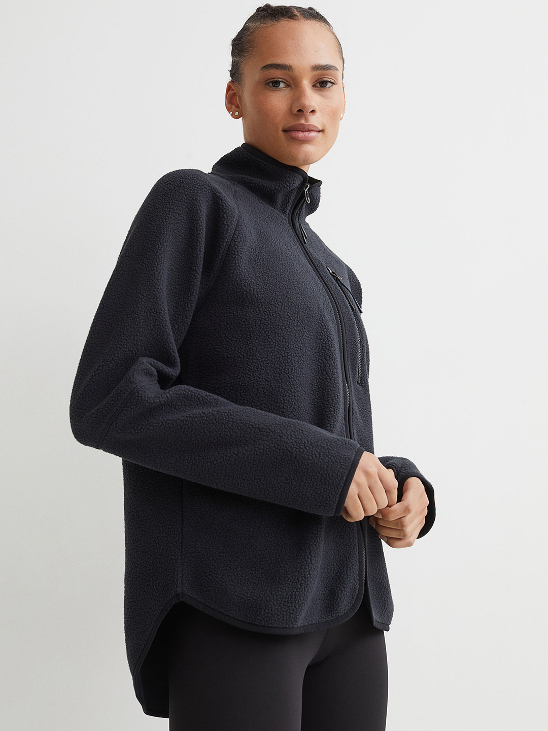 

H&M Women Black Solid Teddy Track Jacket