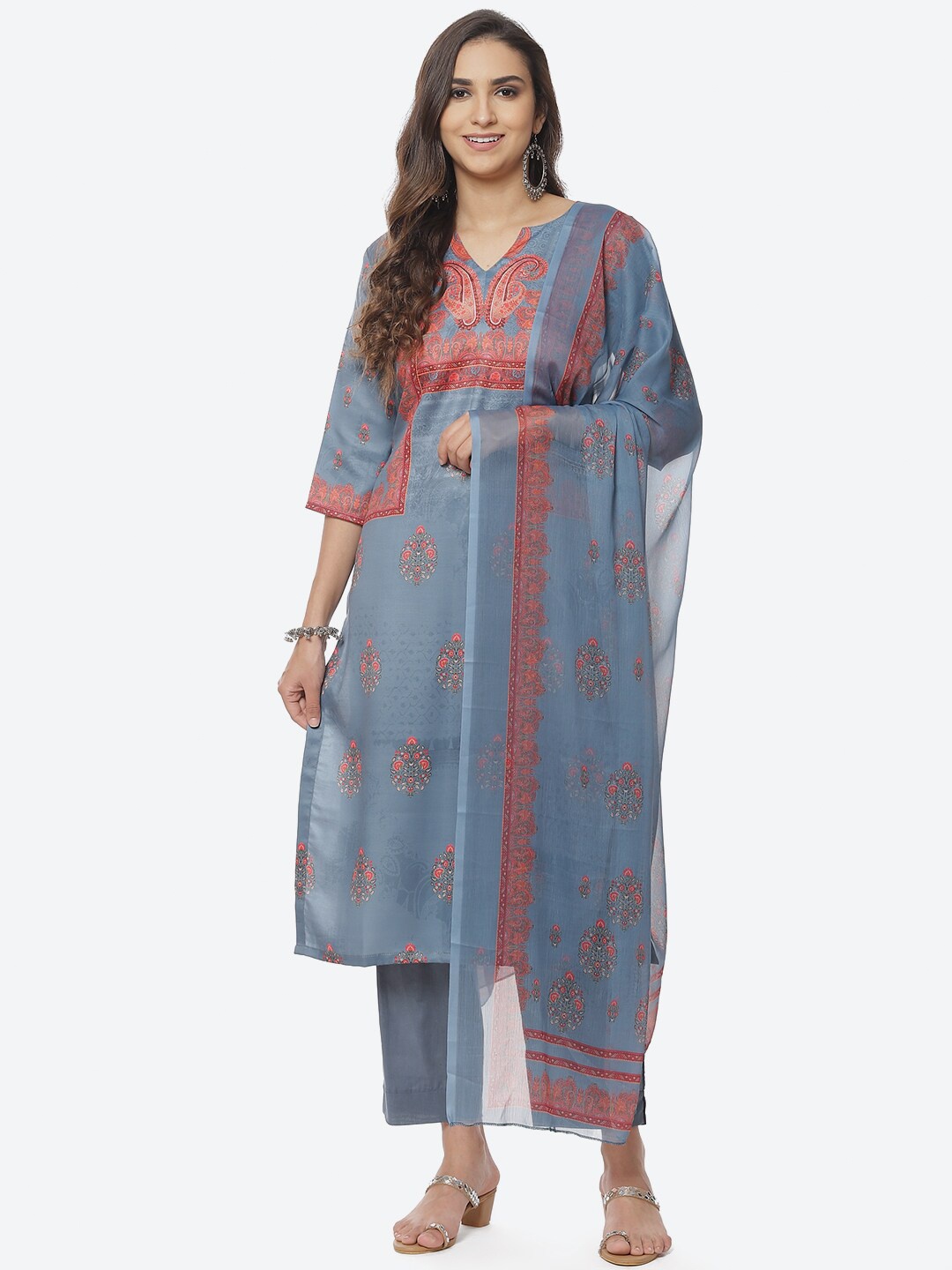 

Biba Women Blue & Peach Coloured Printed Unstitched Dress Material