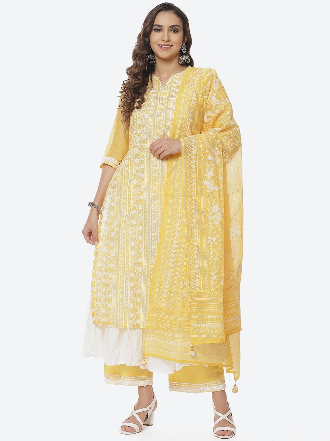 

Biba Women Yellow Ethnic Motifs Printed Layered Kurta with Trousers & With Dupatta