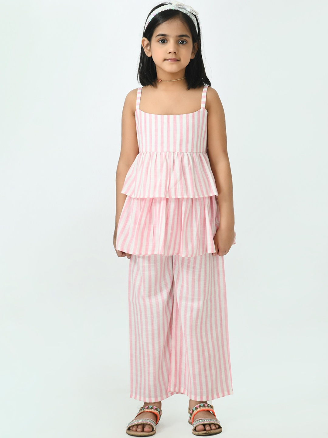 

Muffin Shuffin Girls Pink Striped Peplum Top & Trousers Set