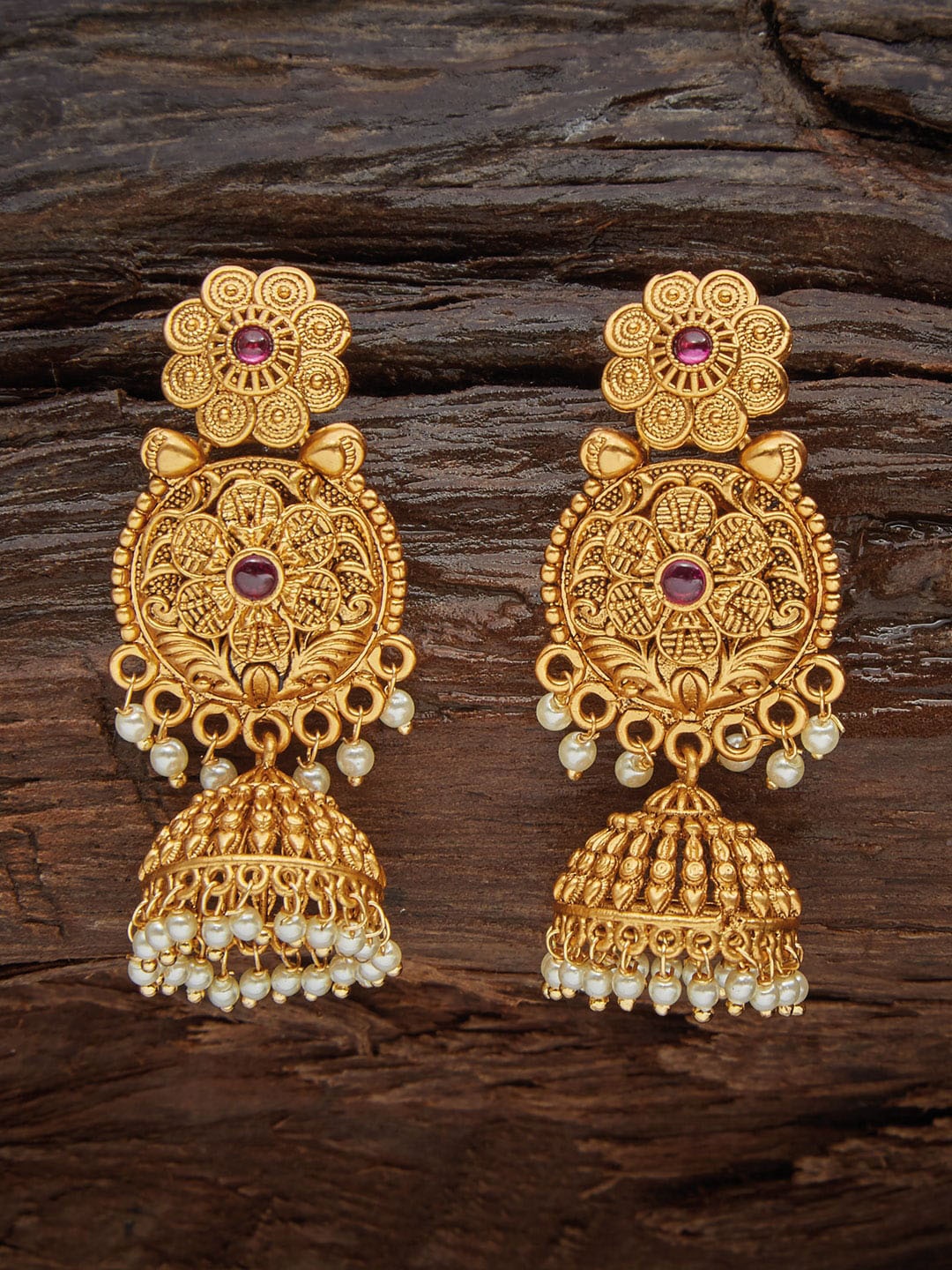 

Kushal's Fashion Jewellery Gold-Plated & Pink Floral Jhumkas Earrings