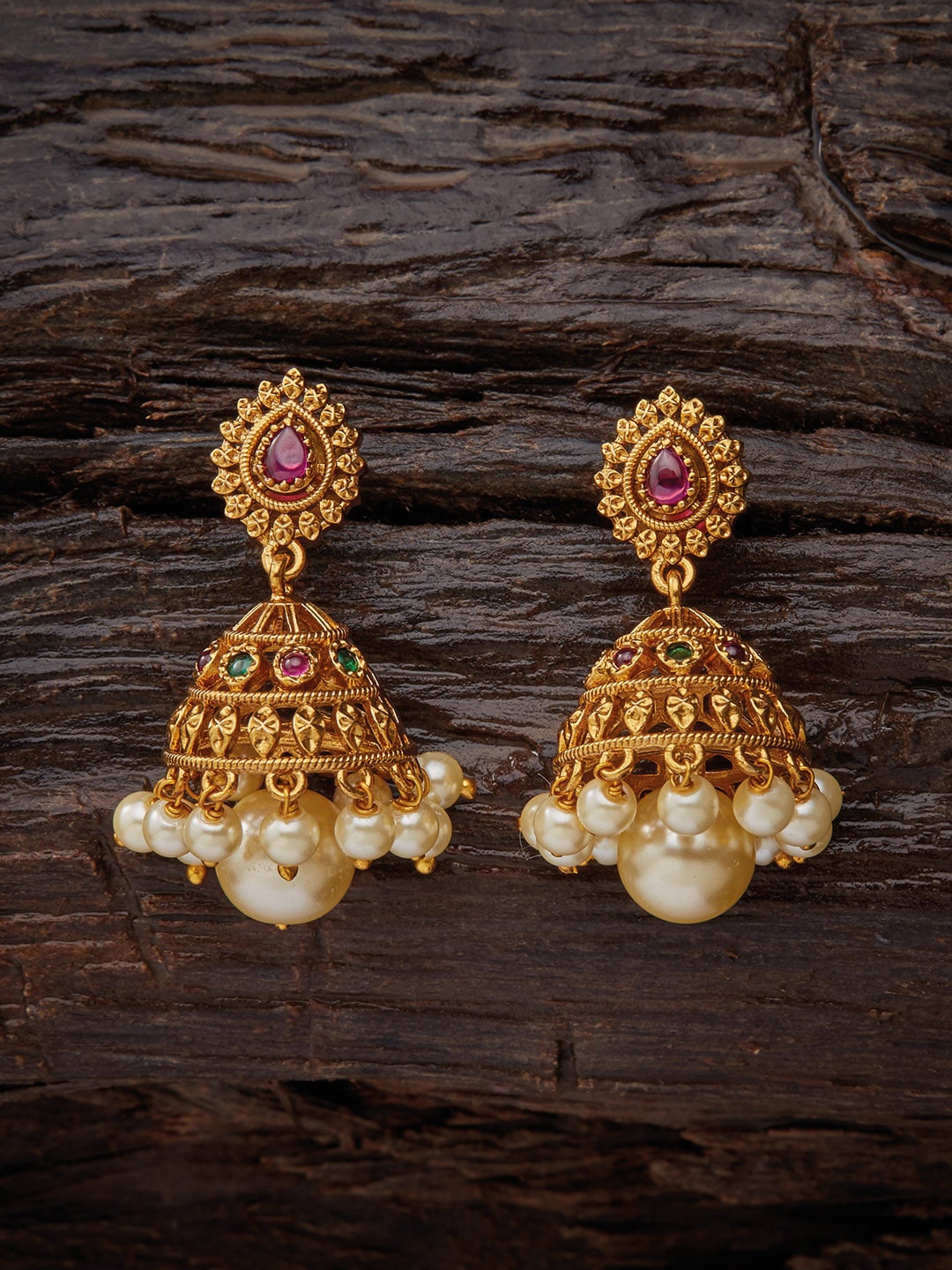 

Kushal's Fashion Jewellery Gold-Toned & Plated Temple Contemporary Jhumkas Earrings