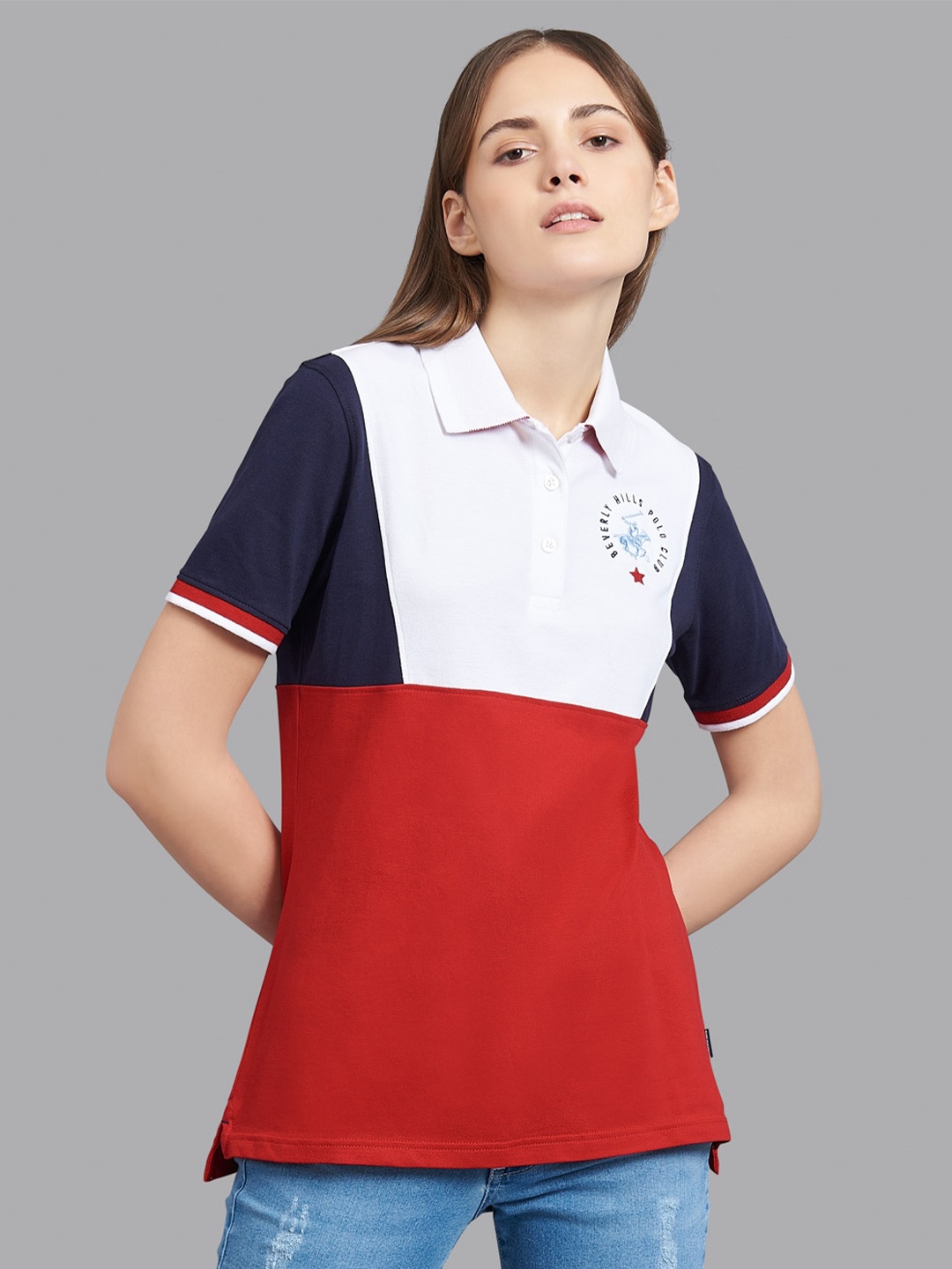 

Beverly Hills Polo Club Women Red Colourblocked Polo Collar Applique T-shirt