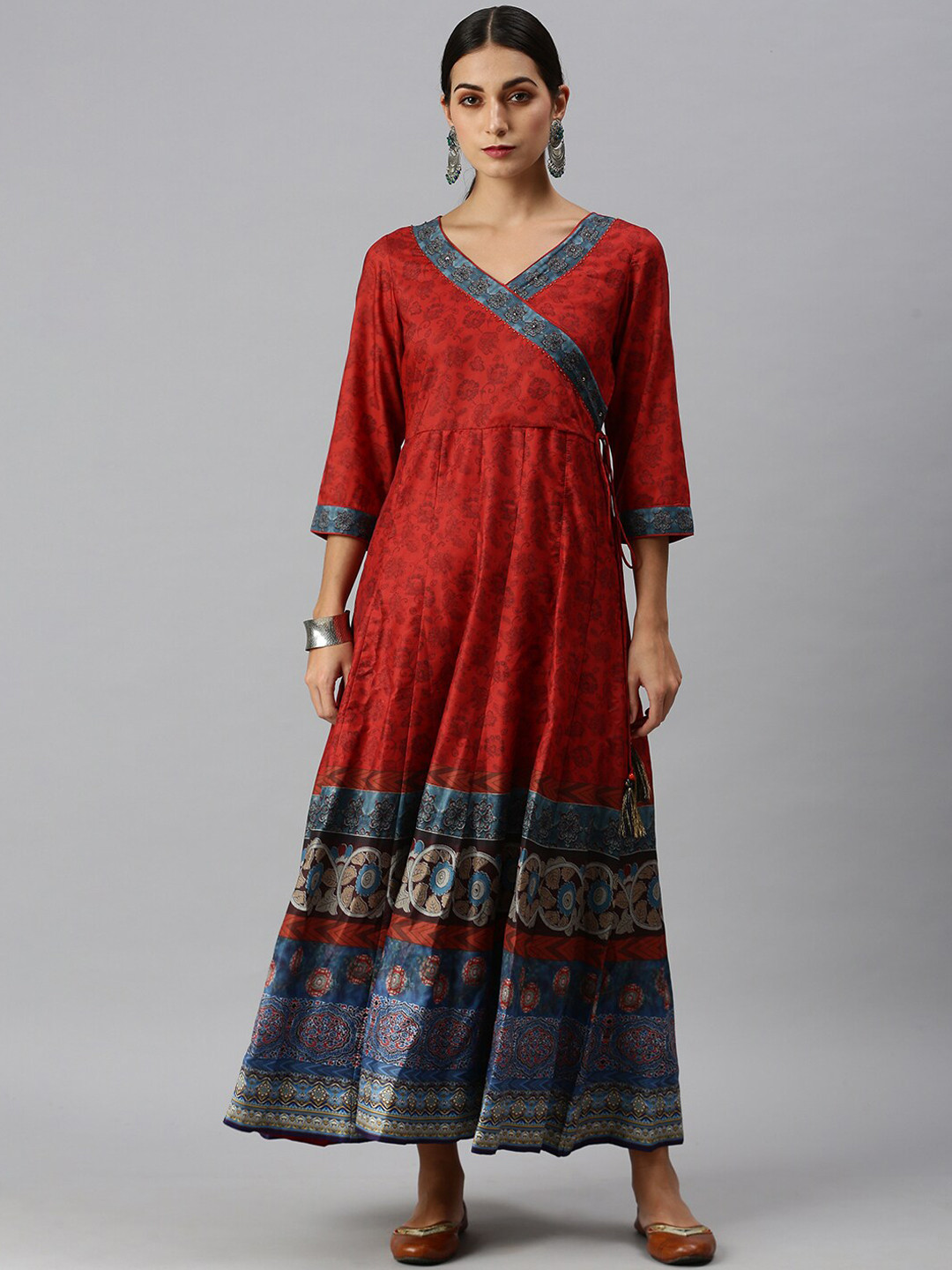 

SHOWOFF Women Red Thread Work Anarkali Printed Kurta