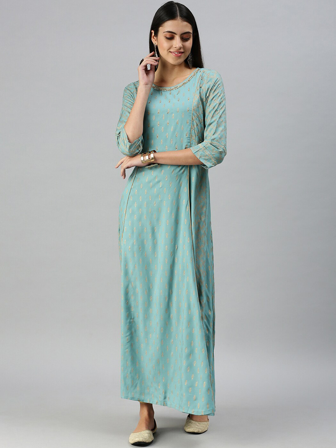 

SHOWOFF Women Blue & Gold-Toned Ethnic Motifs Printed Cotton Kurta