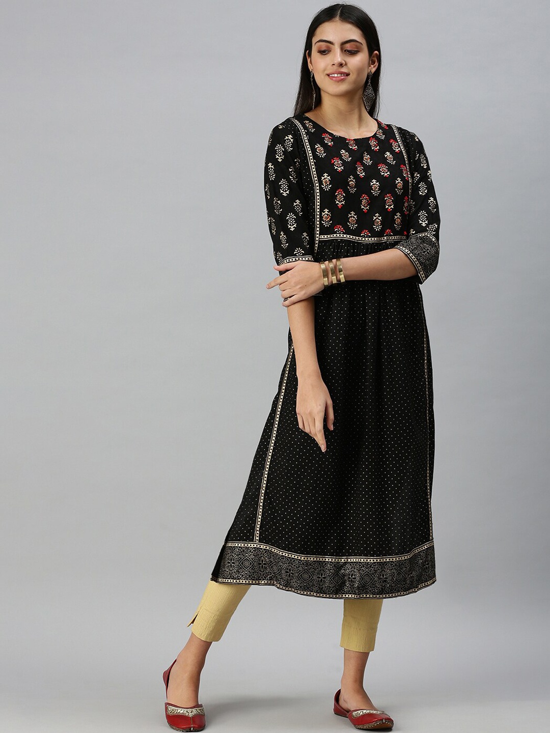 

SHOWOFF Women Black Ethnic Motifs Printed Anarkali Kurta