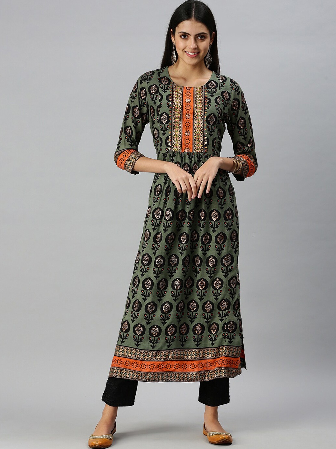

SHOWOFF Women Olive Green Ethnic Motifs Printed Mirror Work Anarkali Kurta