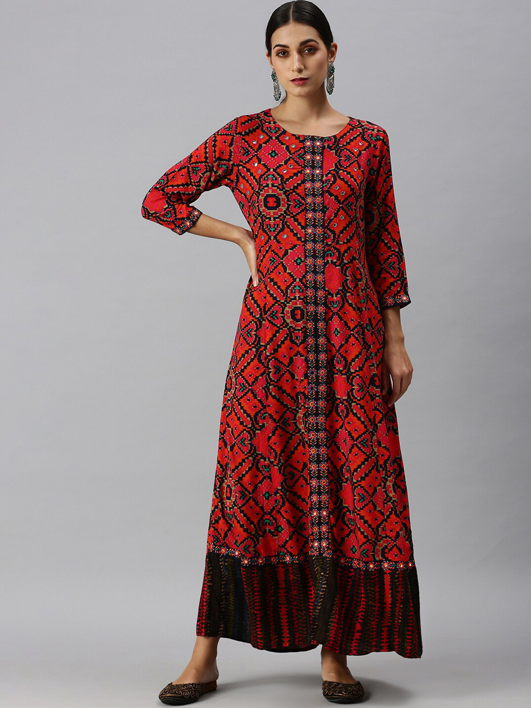 

SHOWOFF Women Multicoloured Floral Mirror Work Kaftan Kurta, Multi