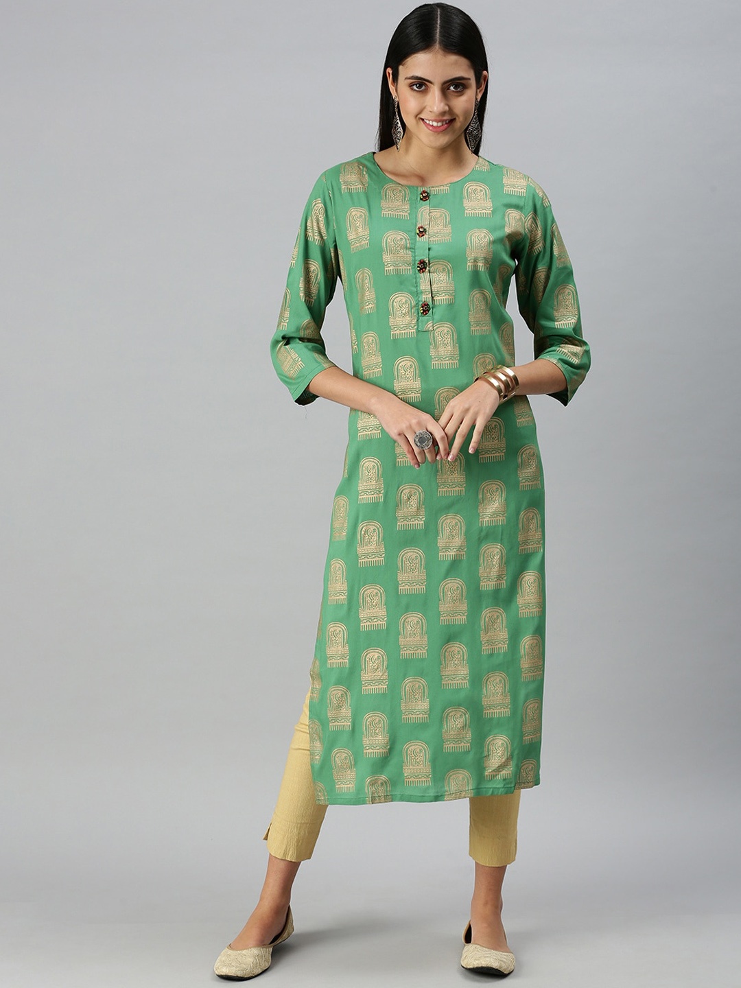 

SHOWOFF Women Green Checked Keyhole Neck Flared Sleeves Mirror Work Kurta
