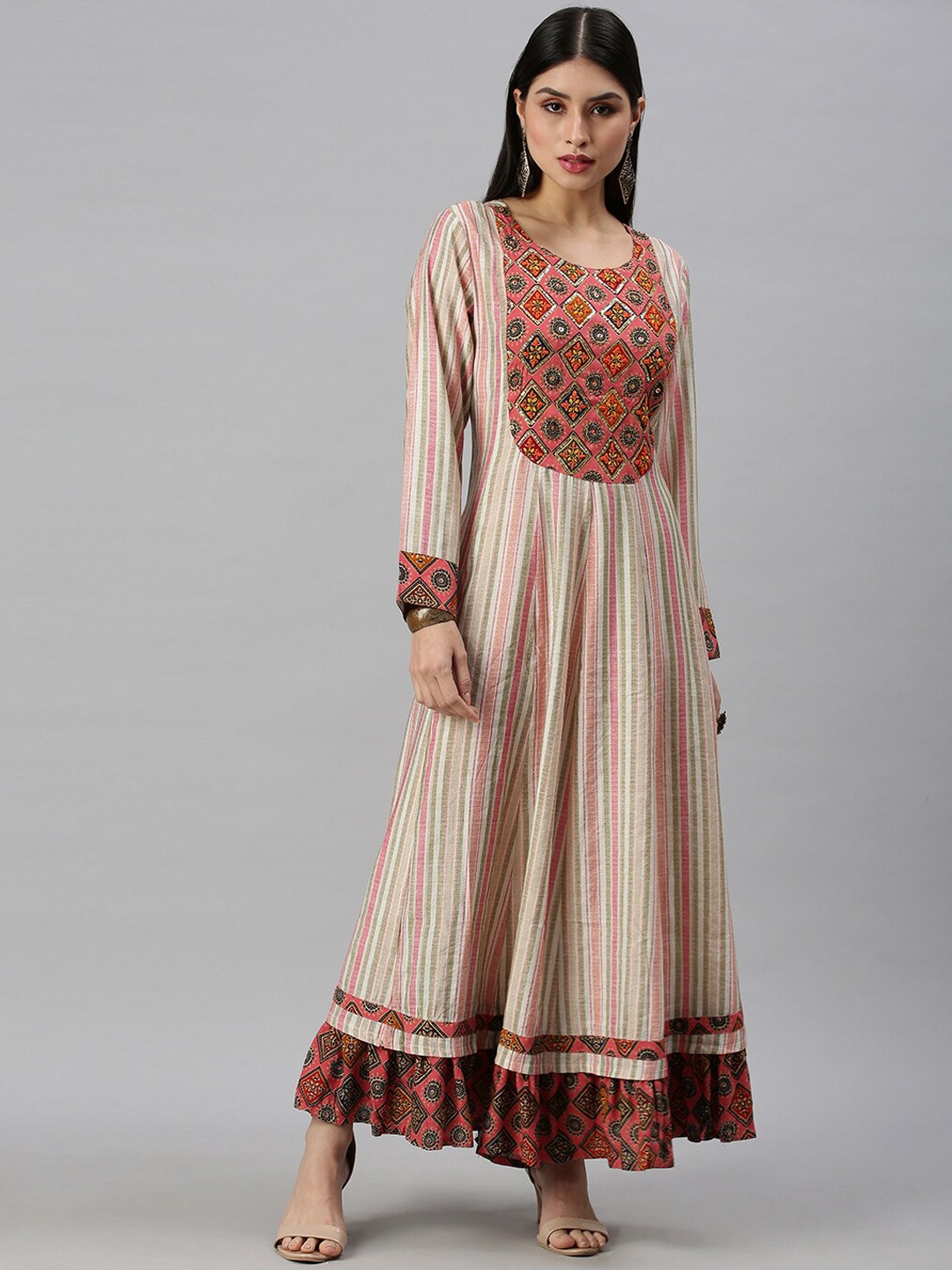 

SHOWOFF Women Cream-Coloured & Pink Printed Anarkali Cotton Kurta