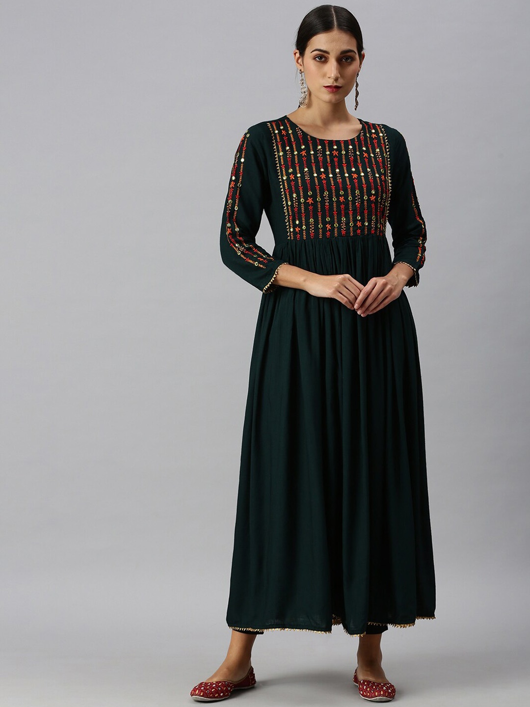 SHOWOFF Women Green Flared Sleeves Mirror Work Anarkali Kurta