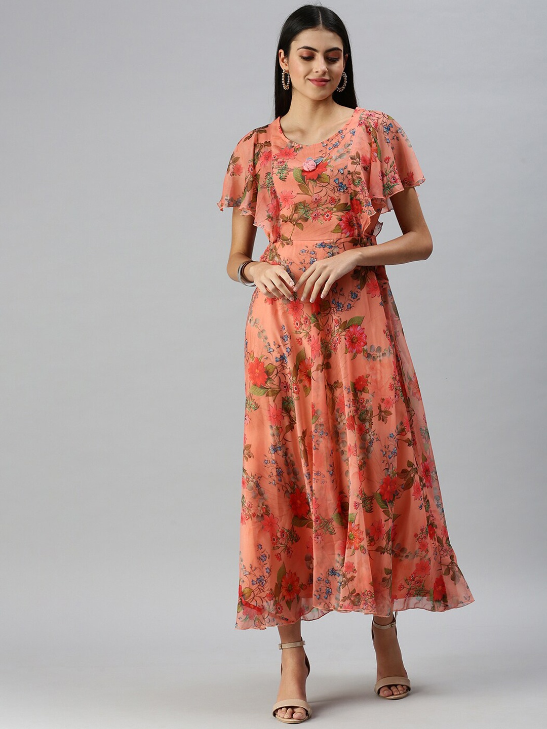 

SHOWOFF Women Orange Floral Printed Flared Sleeves Thread Work Kurta
