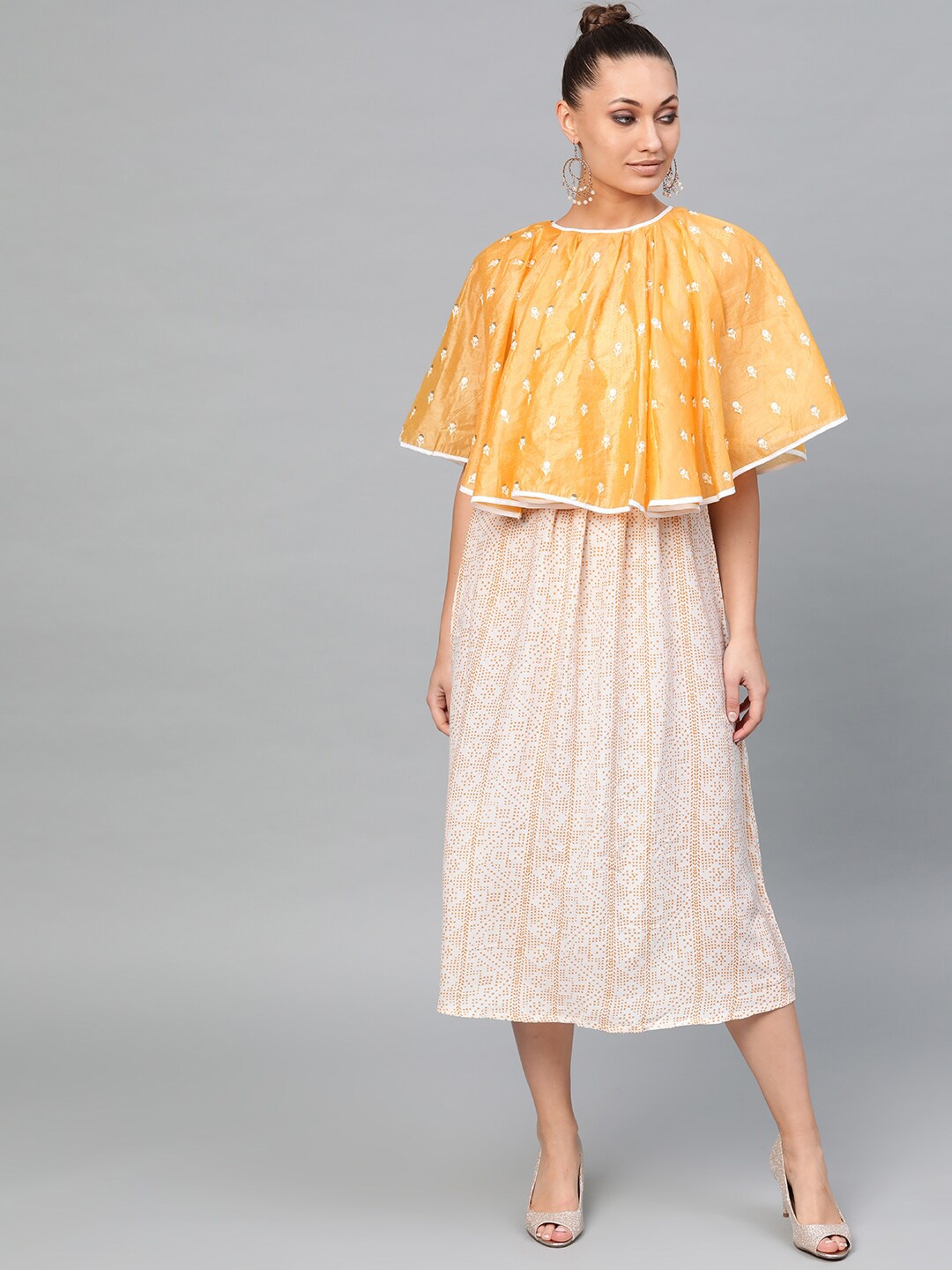

Indo Era Women Yellow Embroidered A-Line Midi Dress