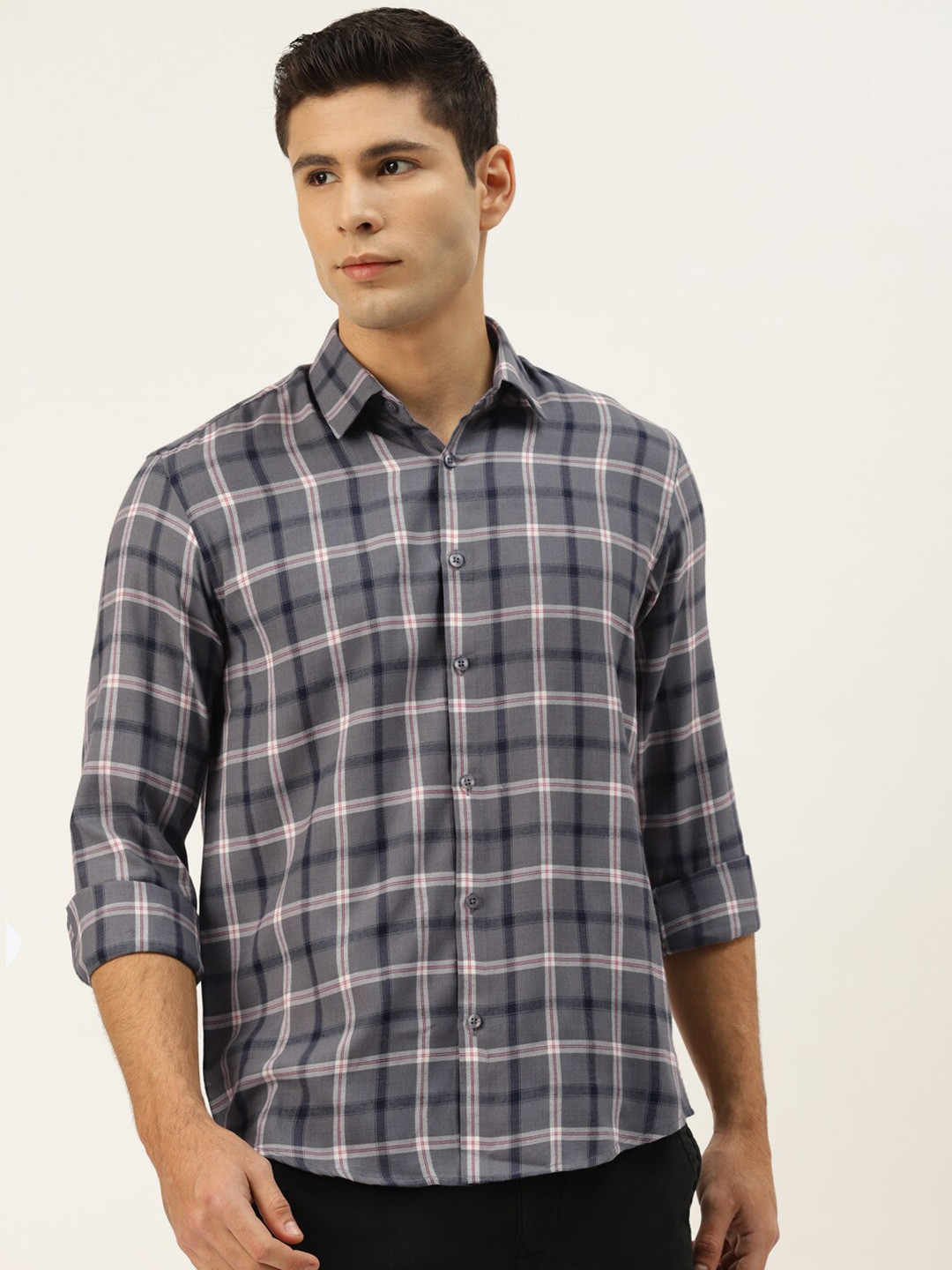 

JAINISH Men Grey Smart Tartan Checks Checked Smart Pure Cotton Regular Fit Casual Shirt