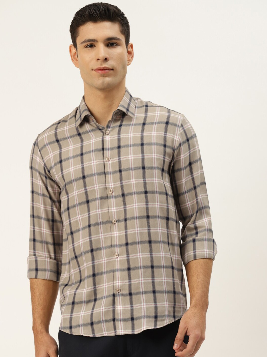 

JAINISH Men Beige Smart Tartan Checks Printed Regular Fit Pure Cotton Casual Shirt