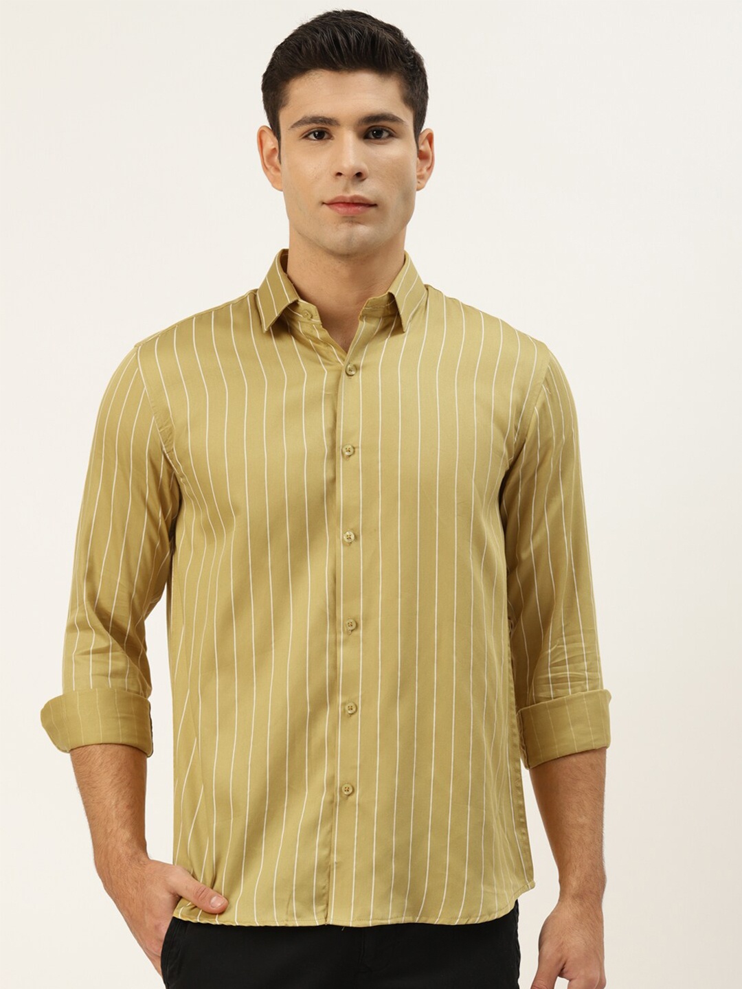 

JAINISH Men Mustard Yellow Regular Fit Striped Pure Cotton Casual Shirt