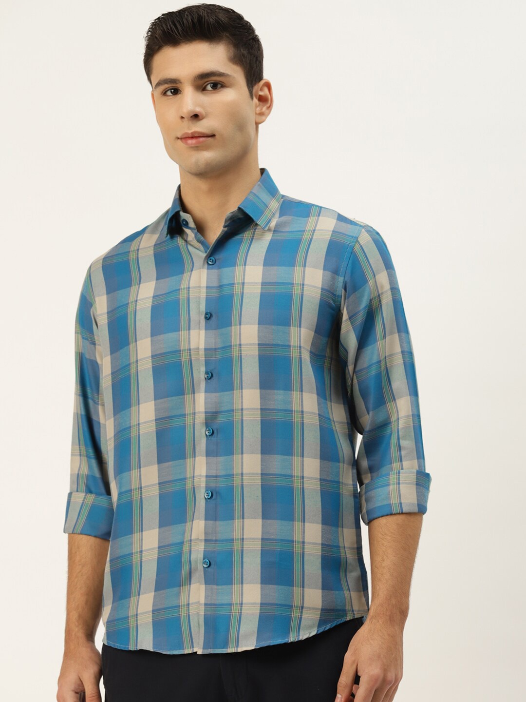 

JAINISH Men Turquoise Blue Smart Tartan Checks Checked Cotton Regular Fit Casual Shirt