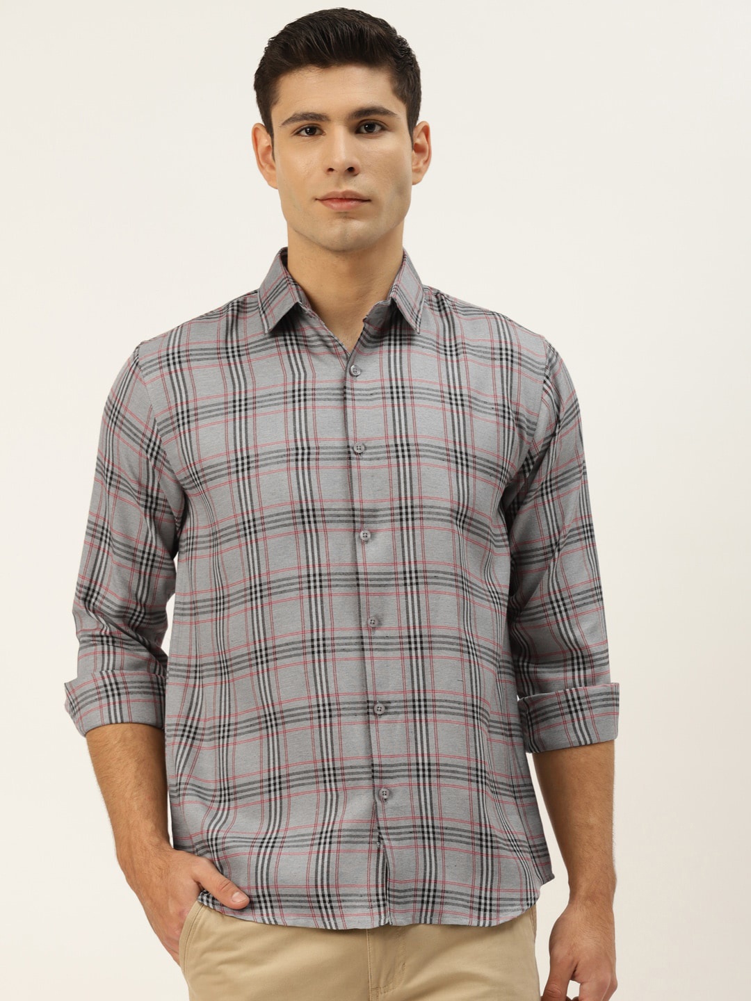 

JAINISH Men Grey Smart Tartan Checks Checked Cotton Regular Fit Casual Shirt